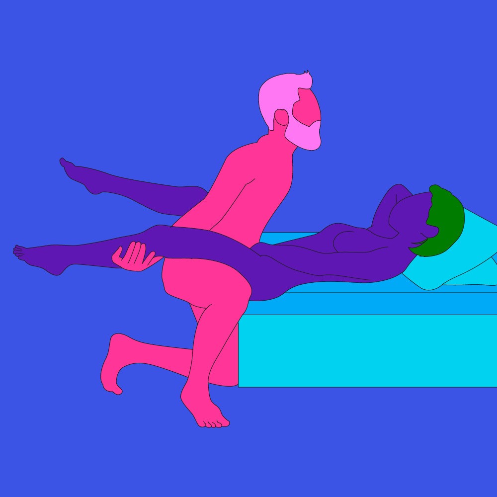 A naked illustrated couple in a kneeling sex position. One is led on a bed with their legs wide, while the other is knelt in-between them.
